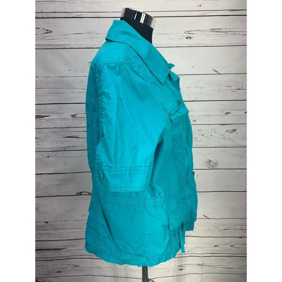 CHICO'S Light Jacket 3 L/XL Turquoise short sleeve Button Up Camp shirt Cover Up - Picture 2 of 10